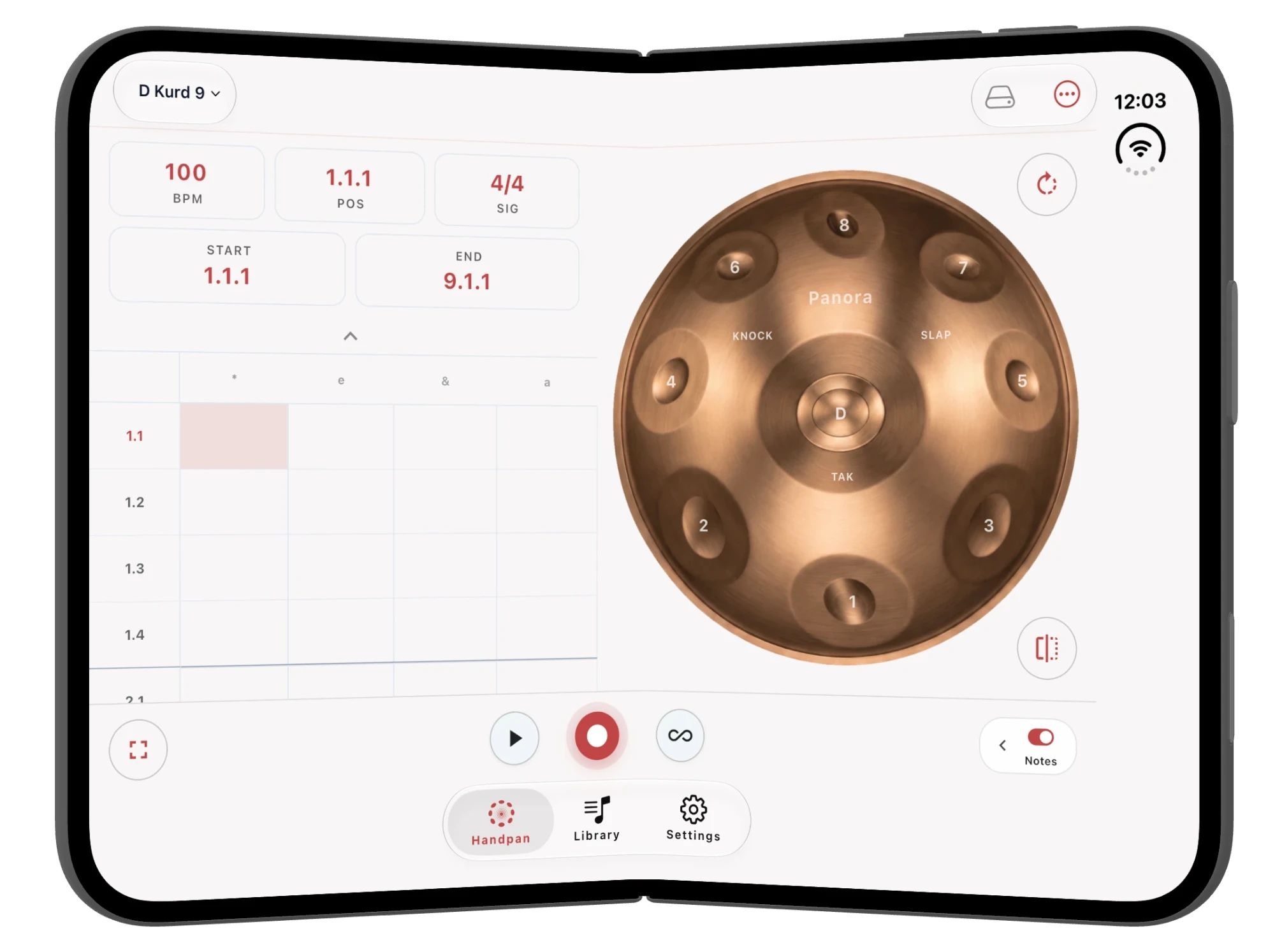Panora virtual handpan app on an unfolded iPhone Duo, with a step sequencer on the left and a playable D Kurd 9 handpan on the right